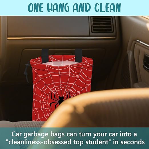 KXWQTRDD Car Garbage Bag Spiders Web Red Drawstring Car Trash Bag Hanging for Back Seat with Adjustable Buckle Canvas Vehicle Trash Can Easy-to-Install