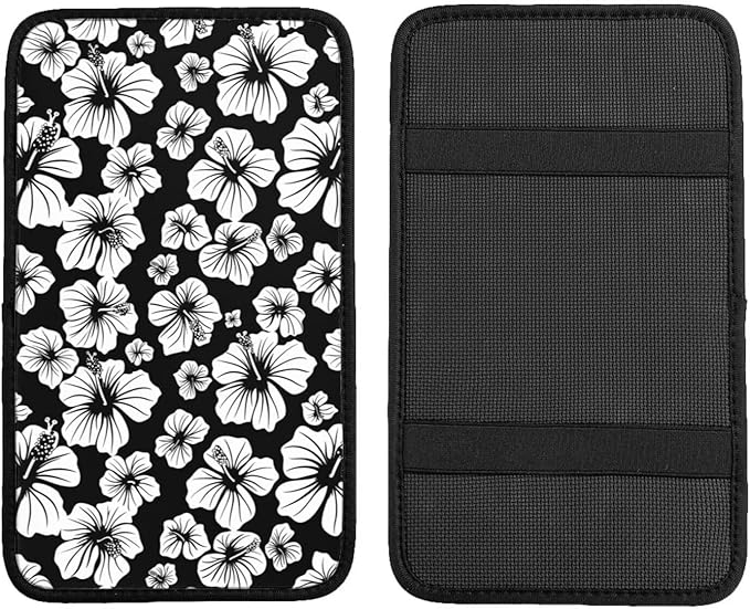 Hibiscus Flower Center Console Cover Aloha Tropical Armrest Covers Car Truck Interior Accessories Middle Console Covers Black Arm Rest Pads Fit for Most Cars Sedans Vans