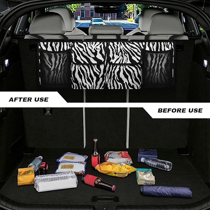 SEANATIVE Black Zebra Car Trunk Organizer, Super Capacity Vehicle Hanging Backseat Cargo Storage Bag with Robust Elastic Net, Detachable Auto Seat Back Organizing Bag, Universal for SUV
