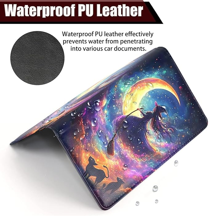 Car Registration Holder, PU Leather Vehicle Glove Box Organizer for Driver License, Document, Car Insurance Holder with Magnetic Shut, Auto Paperwork Wallet Case Accessories, Fantasy Witch Pattern