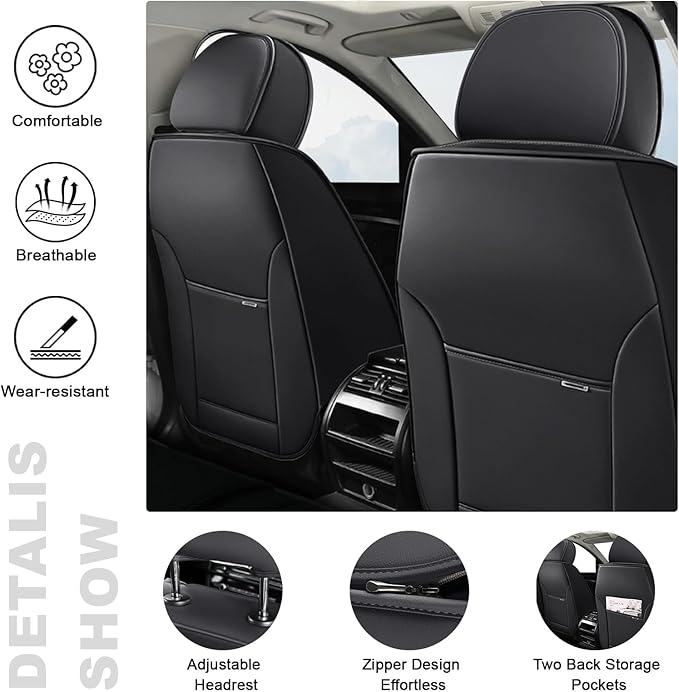 AREKA 2 Car Seat Covers for Honda Accord 2003-2026 Breathable Leather,Waterproof Car Seat Protectors with Comfort Headrest Pillows,Automotive Vehicle Cushion with Storage Pockets (Luxury,Gray)