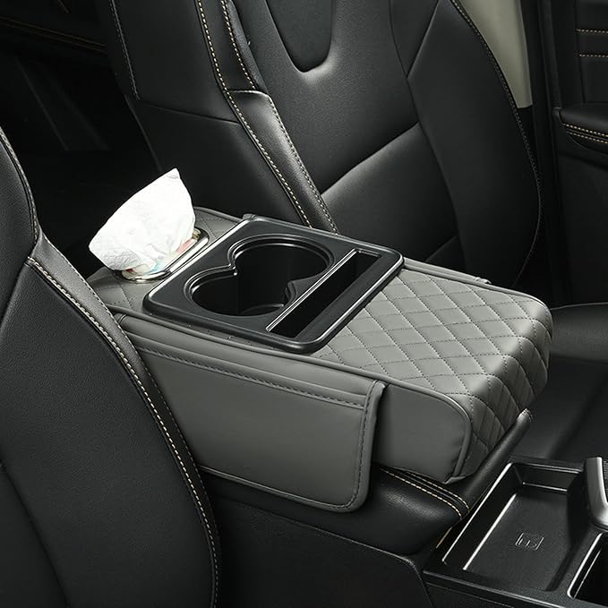 Car Armrest Cushion, 5-in-1 Center Console Cover with 2 Storage Bags Cup Holder Tissue Box Slot, Car Center Console Cover Pad Car Armrest Box Cover for SUV Truck (Gray)