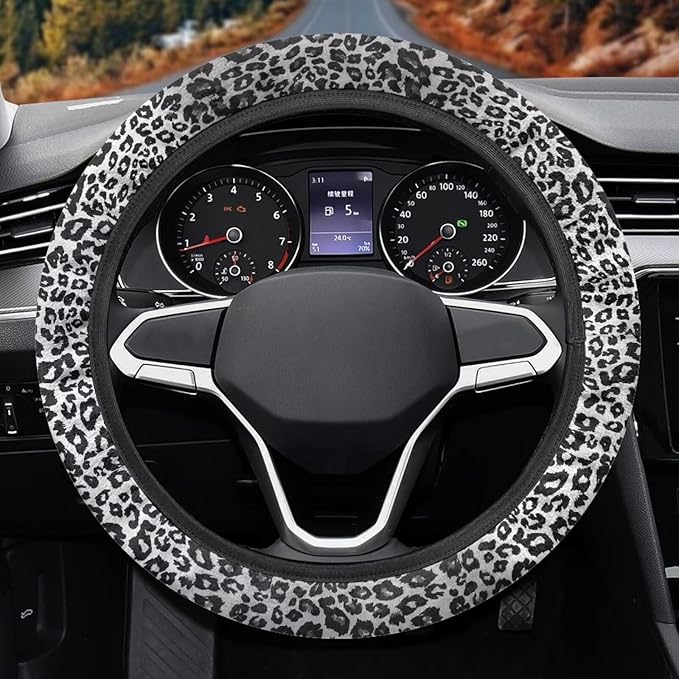 Universal Non-Slip Steering Wheel Cover, 15-inch Polyester Material Driving Accessories, Adjustable for Car and Truck(Artistic Black White Leopard)