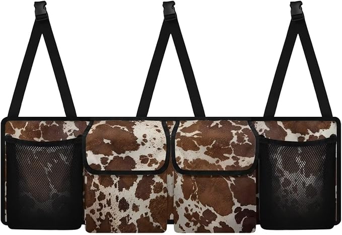 Brown Cow Print Car Trunk Organizer, Oxford Backseat Storage Bag with 4 Pockets, Waterproof Adjustable Large Capacity Hanging Collapsible Bag for Most Vehicles, Universal Car Accessories