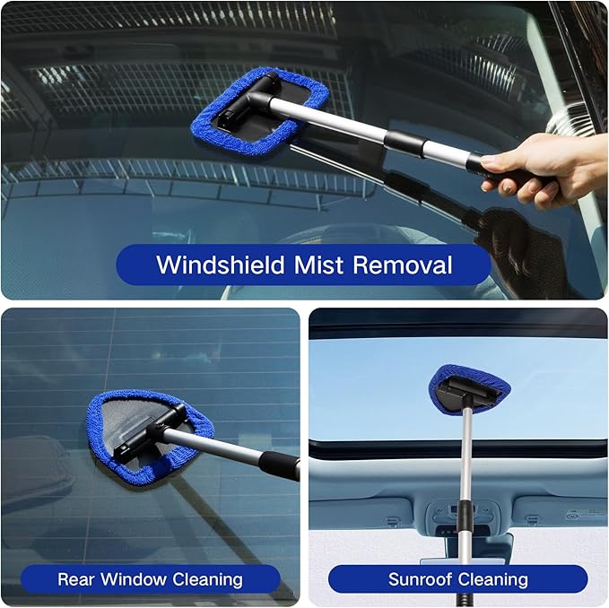 10pcs Windshield Cleaner Tool, Car Window Cleaning Wash Kit with 4 Reusable Microfiber Pads 1 Spray Bottle and Extendable Handle Auto Glass Wiper Kit, Multicolor
