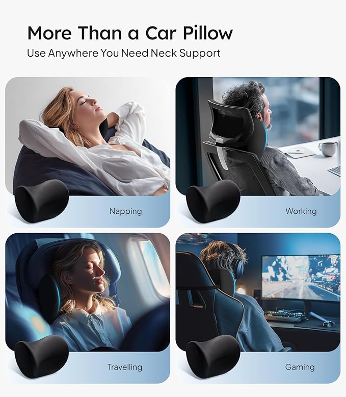 Wigoo 2026 Upgrade Car Neck Pillow [No More Pressure, Odorless] Soft Car Headrest Pillow with Adjustable Strap Removable Cover 100% Memory Foam, Fits All Vehicles (Black 2-Pack)