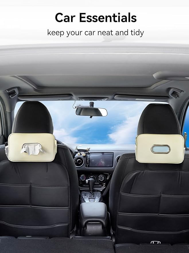 Multi-Functional Car Tissue Holder with ‌2 Storage Nets, Upgraded PU Leather Tissue Box Cover, Large Rectangle Napkin Organizer, Fit for 100-150 Regular Size Tissues, Keep Car Tidy, Beige