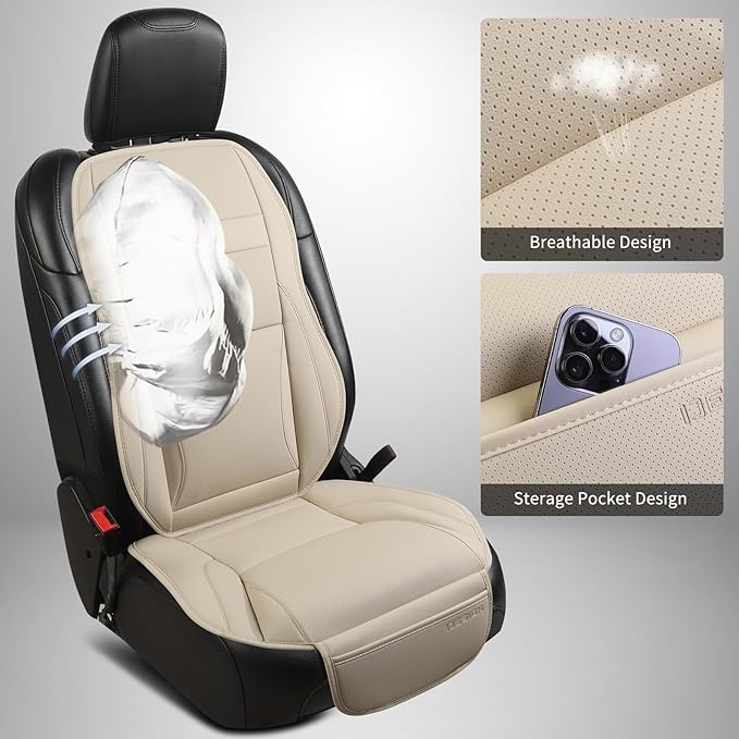 Gripure Car Seat Cover Protector for Front Seats – Waterproof, Breathable Faux Nappa Leather, Airbag Compatible, Dual Support for Waist & Legs, Universal Fit for Sedans, SUVs, Pickups (2pcs,Beige)