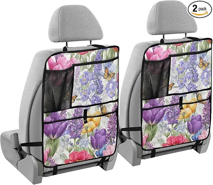 2 Pack Back Seat Car Organizer with Storage Pockets Kick Mats Back Seat Protector Hanging Car Organizer Automotive Seat Back Cover Organizers Tulips Lavenders Purple Butterfly