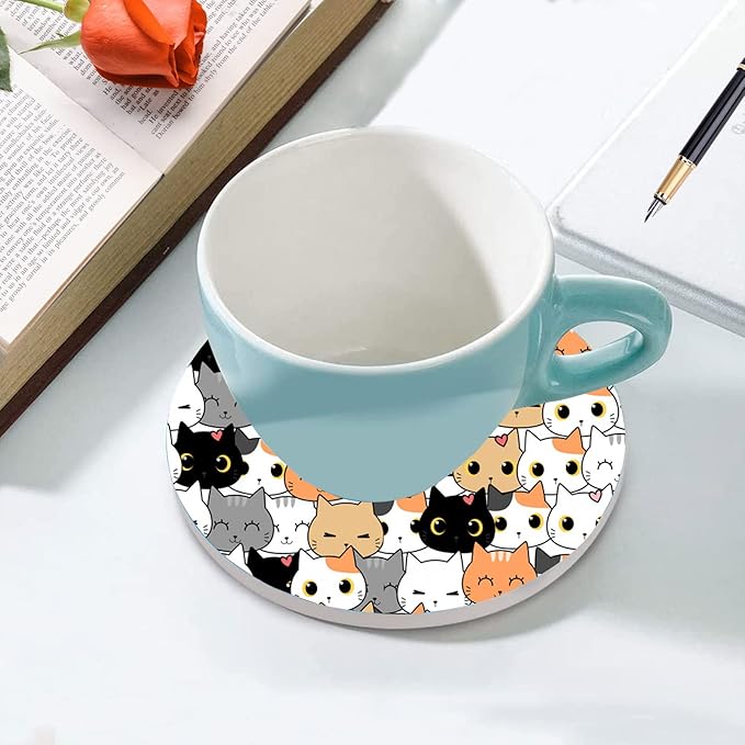 Cat Steering Wheel Cover for Women Men with 2 Pcs Car Coasters, Universal 14.5-15 Inch Cute Steering Wheel Covers Non-Slip Car Accessories for Girls