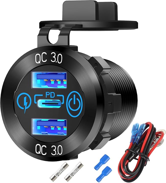 12V USB Aluminum Car Charger Socket PD 3.0 Type C and Dual Quick Charge 3.0 USB Port Multiple Waterproof 12V/24V USB Outlet with Touch Switch Fuse Wire Kit for Car Boat Marine RV Motorcycle, etc.