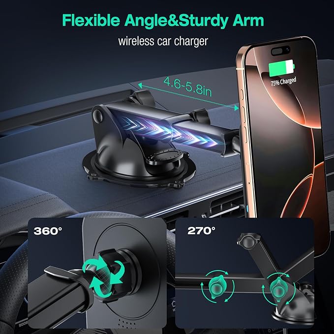 for MagSafe Car Mount Charger, (15W Fast Charging) Magnetic Wireless Charging Phone Holder Fits iPhone 16/15/14/13/12 Pro Max Plus/MagSafe Case on Dash/Windshield/Air Vent/Desk Bumpy Roads