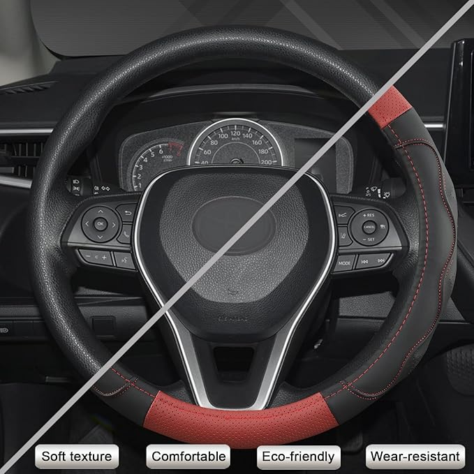 West Llama 3D Texture Steering Wheel Cover for Toyota, Anti-Slip Design, Premium Leather, Custom Fit for 14.5-15 inch, Stylish Interior Decoration(Red+Black-Standard Size)