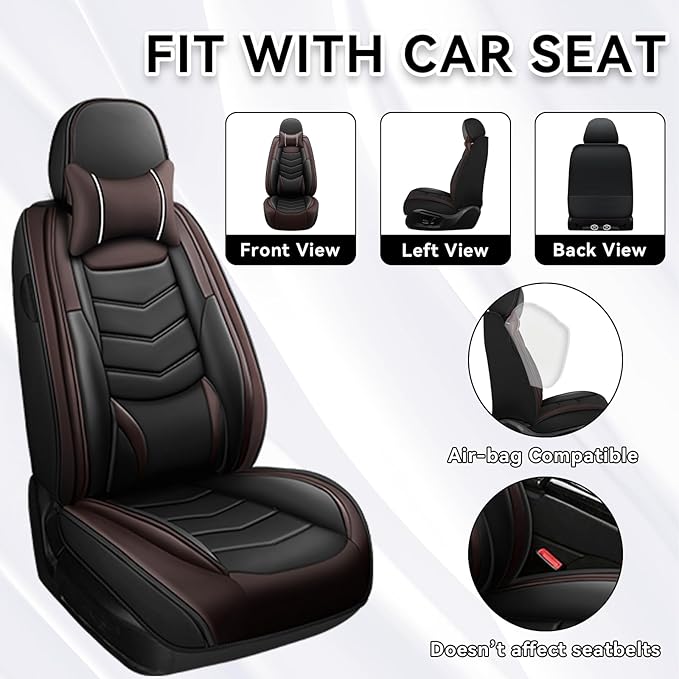 Car Seat Covers Fit for Chevy Trax 2015-2025, Side Airbag Compatibility, 3D Lumbar Support and Seamless Fit, Easy to Clean Sports Seat CoverFull Set with Pillow, Black Brown