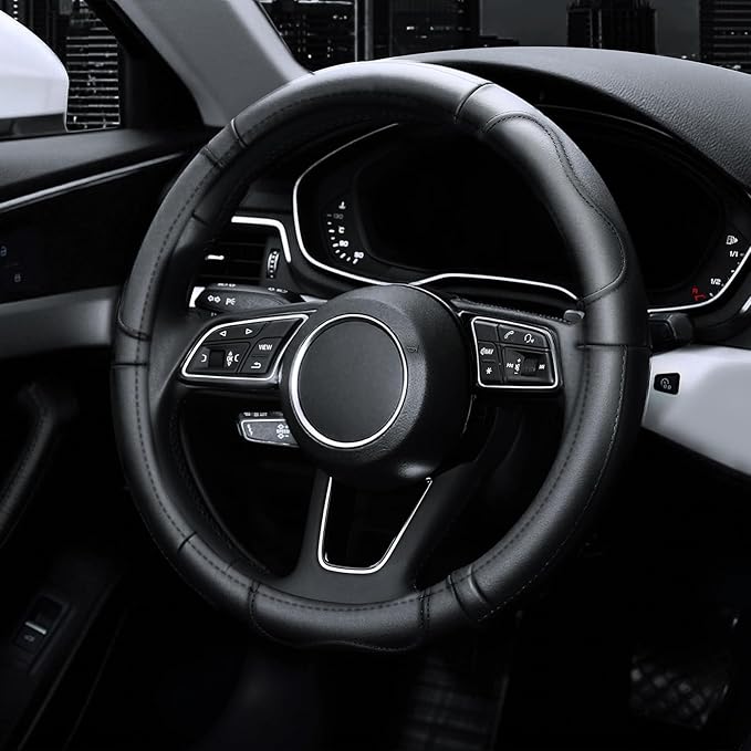 KAFEEK Steering Wheel Cover, Universal 15 inch, Microfiber Leather, Anti-Slip,Odorless, Black Lines