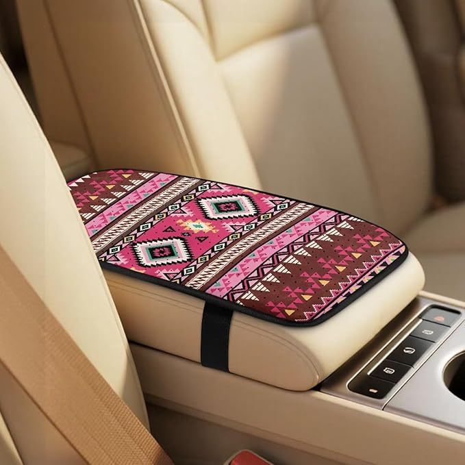 Qeluxign PU Leather Car Seat Covers Set - Pink Tribal Geometric-Includes 2 Seat Protectors, 2 Shoulder Pad Covers, 1 Armrest Cover for Car Decoration