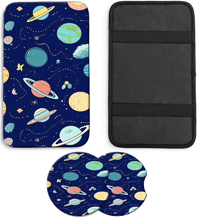 JANENFNA Car Armrest Cover Pads Universal Fashion Cute Auto Center Console Armrest Cover Pad with 2PCS Car Coasters Soft Waterproof Car Armrest Seat Protector for Women,Planets Stars