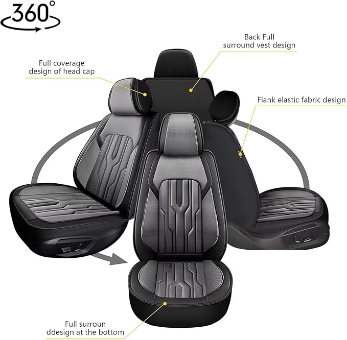 YORKNEIC Fit for Hyundai Azera Seat Covers 2006-2017: Leather Waterproof Car Seat Covers Anti-Slip Protector 2 Front Seat Set (2 Seats, Black&Grey)