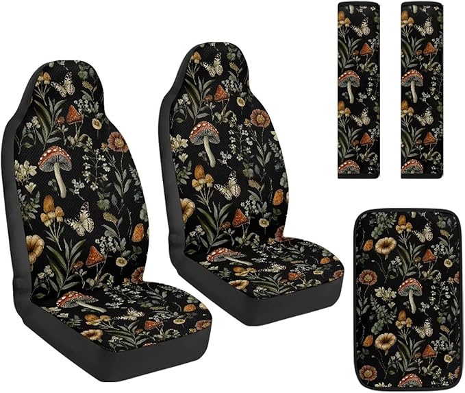 Qeluxign 5 Piece Car Seat Covers Full Set,Front Seats Cover/Auto Seatbelt Shoulder Pads/Vehicle Center Console Armrest Cover,Universal Car Accessories Men Women Gifts,Mushroom Floral Butterfly