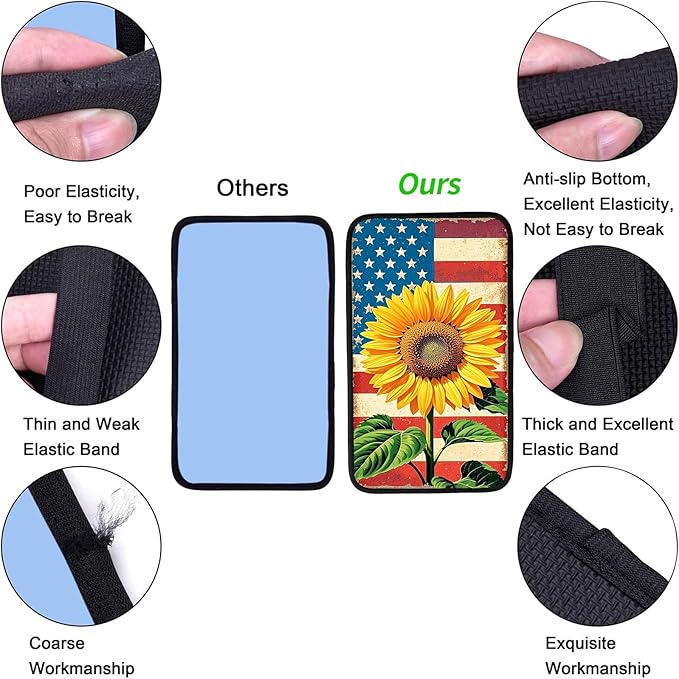 JANENFNA Car Armrest Cover Pads Universal Fashion Cute Auto Center Console Armrest Cover Pad with 2PCS Car Coasters Soft Waterproof Car Armrest Seat Protector for Women,Flag Sunflower