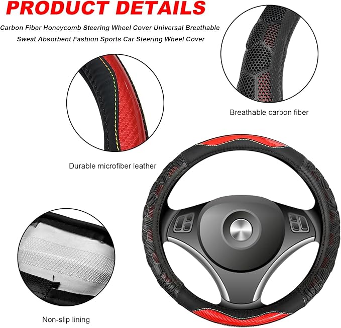 Carbon Fiber Steering Wheel Cover, Non-Slip Leather Steering Wheel Protector with 3D Honeycomb Design, Comfy Grip Breathable Sporty Auto Wheel Wrap for Most Cars Trucks SUVs (Red)