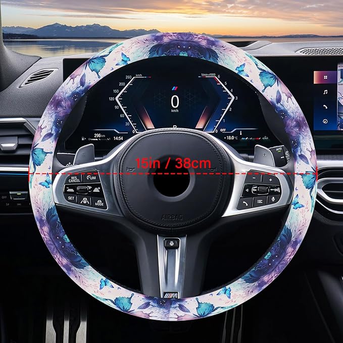 Purple FlowerSteering Wheel Cover Neoprene Material Most Cars Men&Women Universal 15 inch Premium Non-Slip Spring Steering Wheel Protector Floral Cute Car Accessories