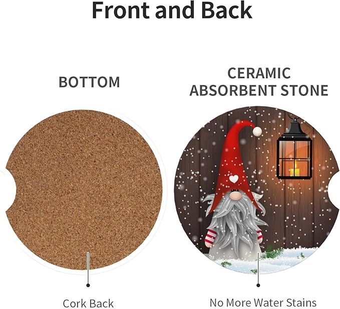 HUWAAI New Year Dwarf Christmas Car Cup Holder Coasters 2 Pack Universal 2.63 Inch Anti Slip Ceramic Absorbent Coaster with Cork Base and Finger Notch Cute Car Accessories Interior for Women
