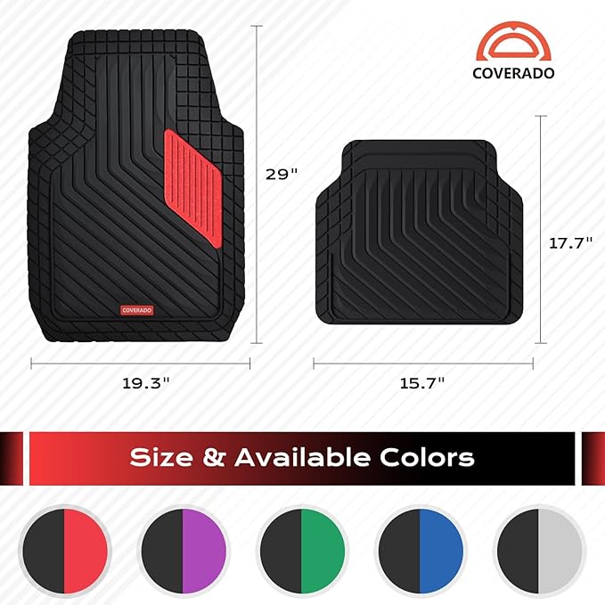 Coverado Heavy-Duty PVC Car Floor Mats Full Set – Red Metallic Heel Pad, All-Weather Protection for Front & Rear, Non-Slip Backing, Easy-to-Clean Liners, 4 Pcs
