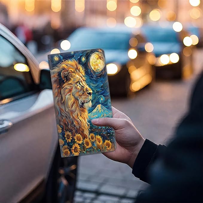 Car Registration and Insurance Card Holder for Women Men, Waterproof PU Leather Glove Box Car Organizer with Magnetic Shut, Vehicle Document Holder for Driver License,Cards, Lion The Starry Night