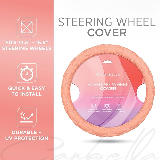 Carbella Coral Pink Stitched Leather Steering Wheel Cover for Women, Standard 15 Inch Size Fits Most Vehicles, Cute Faux Car Steering Cover with Diamond Double-Stitch Detail, Car Accessories for Women