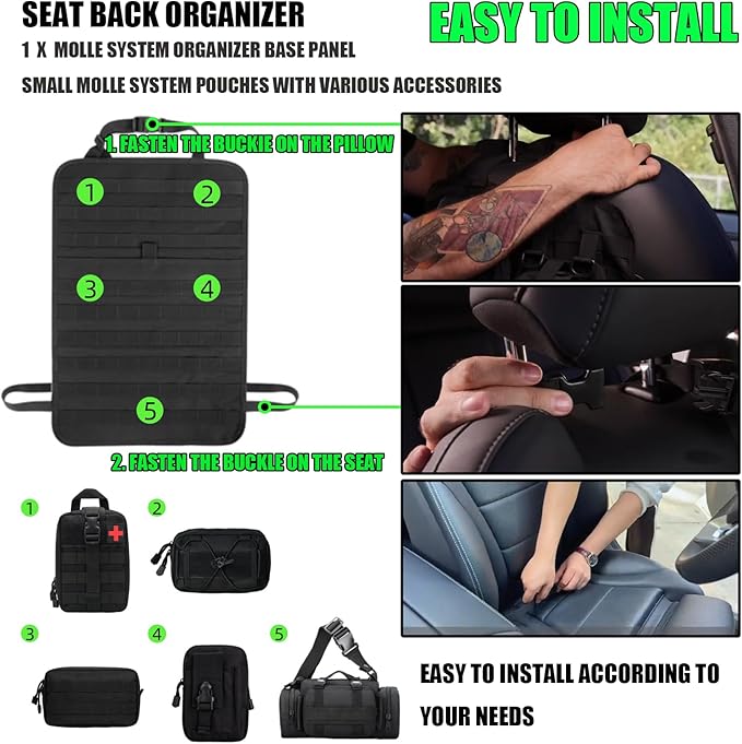 AIAUTOAIEV 7 PACK Tactical Seat back organizer Truck organizer With 6 Detachable Pouches Universal For Car Truck Ford Jeep Military-Grade Heavier Panels With Multi-functional Packs (Black)