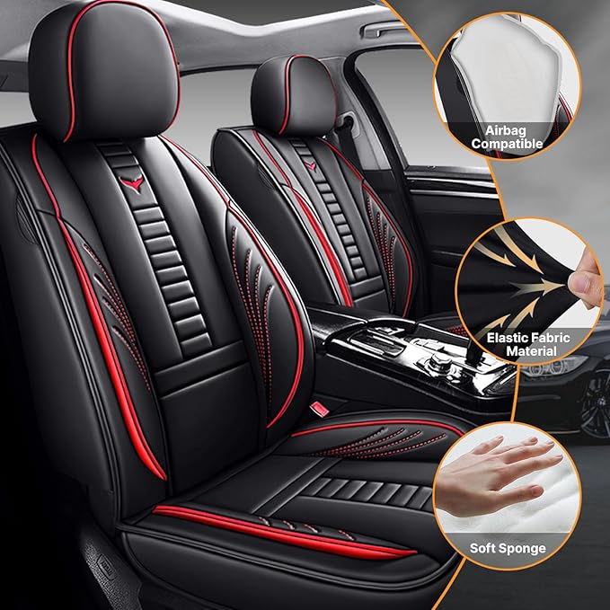 Pengchen Waterproof 5 Car Seat Covers for Honda Crosstour 2012-2015, Premium Faux Leather Automotive Front and Back Seat Protectors Compatible with Airbag Black & Red Line