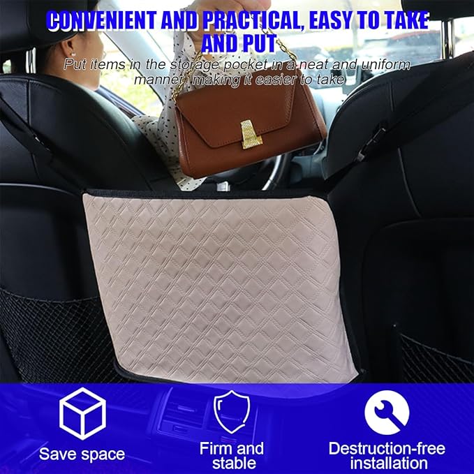 Car Handbag Holder Between Seats, Leather Large Capacity Front Seats Organizer Pocket, Automotive Purse Holder Storage Bag with Buckle Straps, Universal for SUV RV Truck (Khaki)