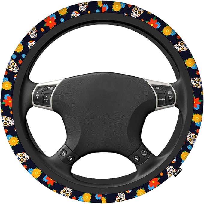 Swono Day of The Dead Sugar Skull Universal Neoprene Steering Wheel Cover Colorful Sugar Skull and Flower 15 Inch Steering Wheel Covers,Printed Steering Wheel Elastic Protection for Women and Girls