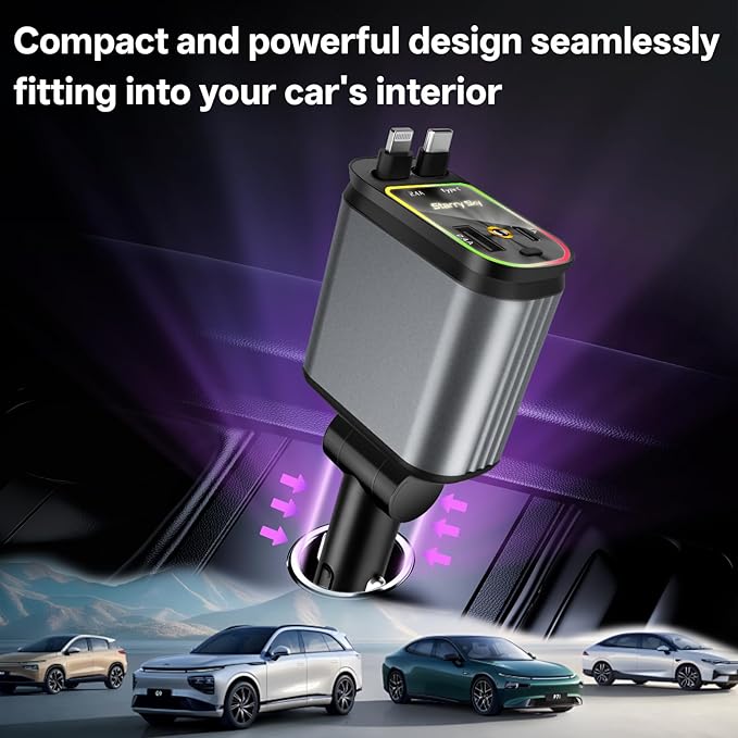 Retractable Car Charger, 4 in 1 Fast Charging Car Charger USB-C & USB-A Compatible with iPhone 16/15/14/13/12/11,Galaxy,Pixel