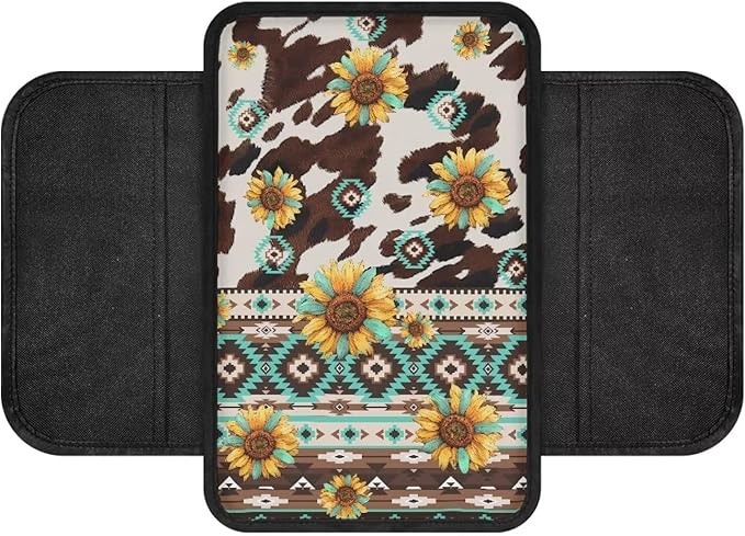 Dreaweet Sunflower Aztec Print Center Console Cover with Pockets Brown Cow Print Car Accessories for Women Soft Comfortable Armrest Cover Protector Arm Rest Cover for Vehicle SUV Truck