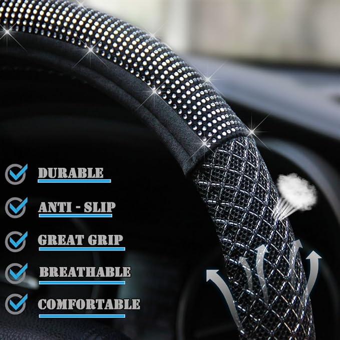 Bling Steering Wheel Cover, Bling Crystal Rhinestone Steering Wheel Cover Universal, 15 Inch Sparkling Anti-Slip Wheel Protector for Women or Girls, Easy Installation and Cleaning(Half Black)