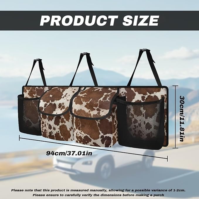 Brown Cow Print Car Trunk Organizer, Oxford Backseat Storage Bag with 4 Pockets, Waterproof Adjustable Large Capacity Hanging Collapsible Bag for Most Vehicles, Universal Car Accessories