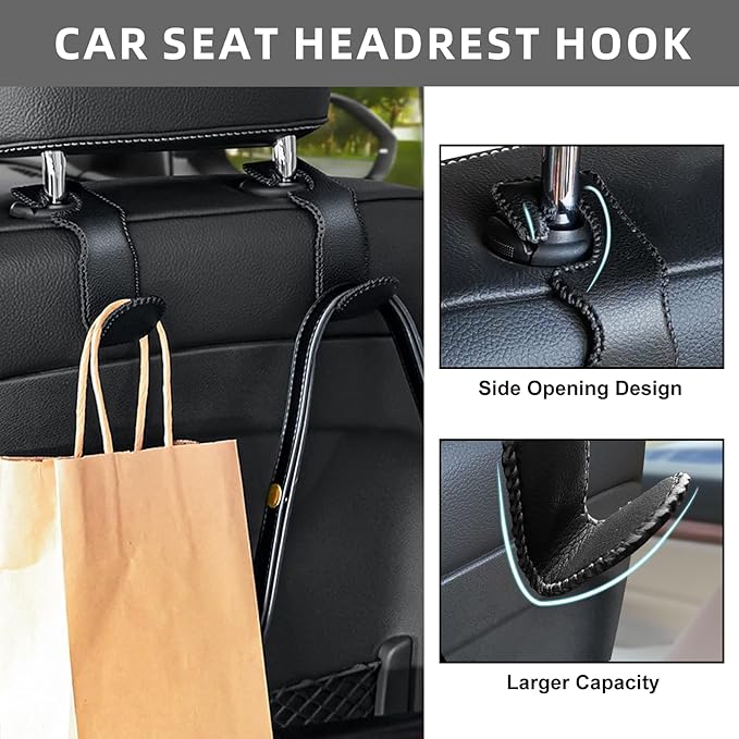Etre Jeune 4 Pack Car Purse Hook, Leather Car Headrest Holder Hooks for Hanging Purses and Bags and Coats, 4Pack Black