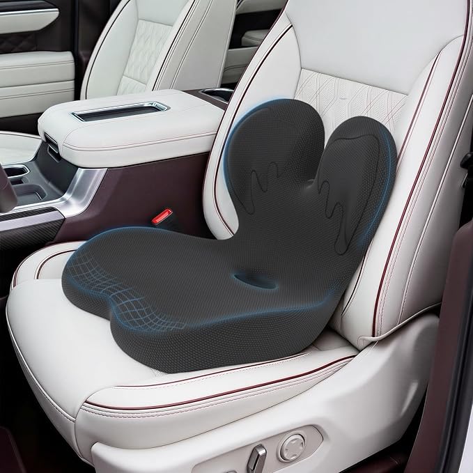 Trucker Seat Cushion, Car Seat Cushion Memory Foam Ergonomic Lumbar & Tailbone Support Pillow for Hemorrhoid, Coccyx & Sciatica Relief, for RV, SUV, Office Chair, Wheelchair (Black Embroider)