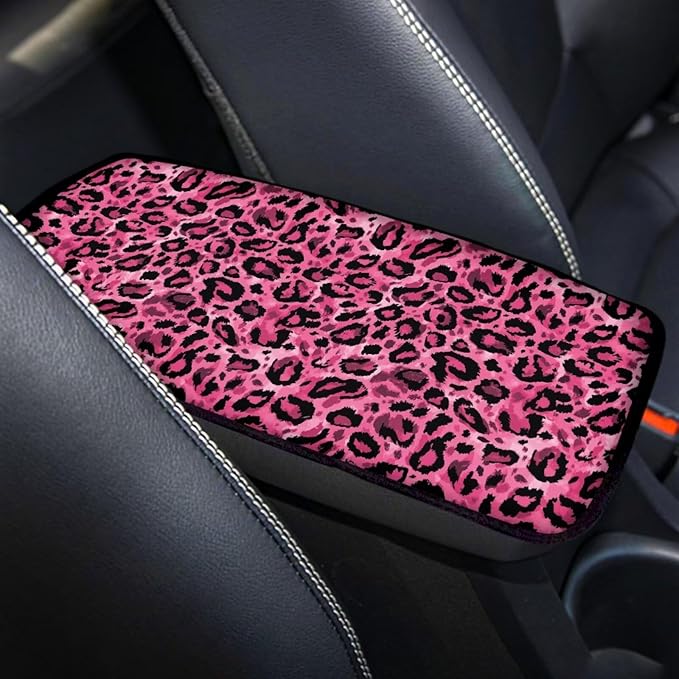 Pink Leopard Print Car Center Console Covers for Women,Car Armrest Cover Pads,Universal Animal Print Car Accessories