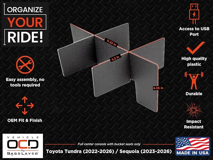 Vehicle OCD - Center Console Organizer for Toyota Tundra (2022-2026) / Toyota Sequoia (2023-2026) – Made in USA - NOT Compatible with Center Console Safe - SLX178