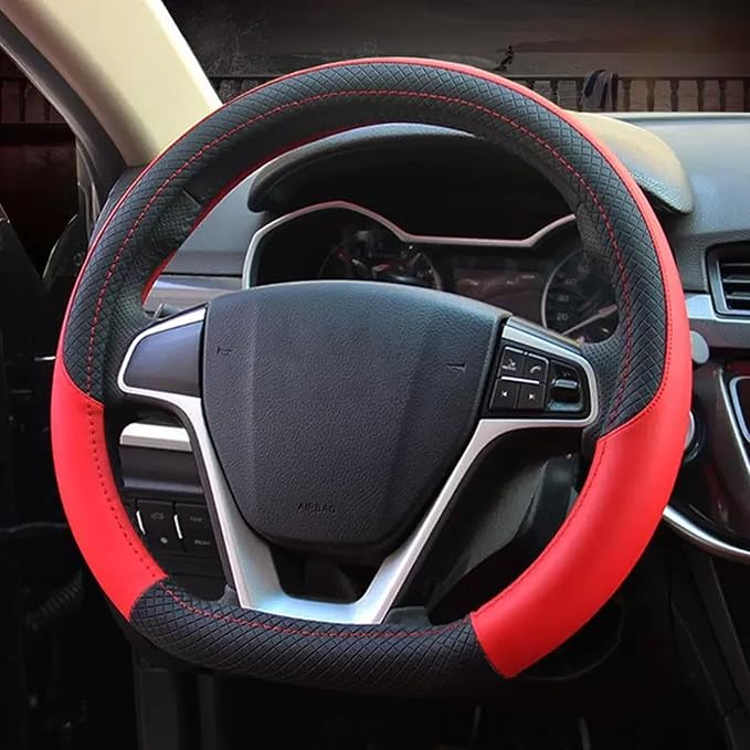 D Shape Car Steering Wheel Cover, Universal 15 inch Stitching Color Anti-Slip Steering Wheel Protector, Black and Red Sports Style (red Sports D Shape)