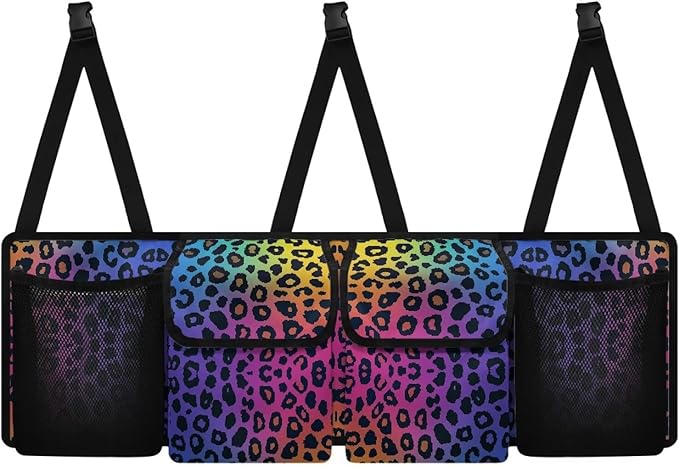 Rainbow Leopard Print Hanging Trunk Organizer Large Capacity Back of Seat Car Organizer with 4 Pockets & Buckle Straps, Waterproof Car Accessories for SUV Truck Sedan