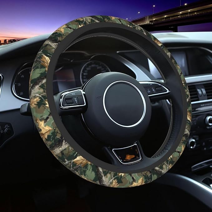 Camouflage Forest Steering Wheel Cover Elastic Non-Slip Car Steering Wheel Covers with Seat Belt Shoulder Pad for Women Men