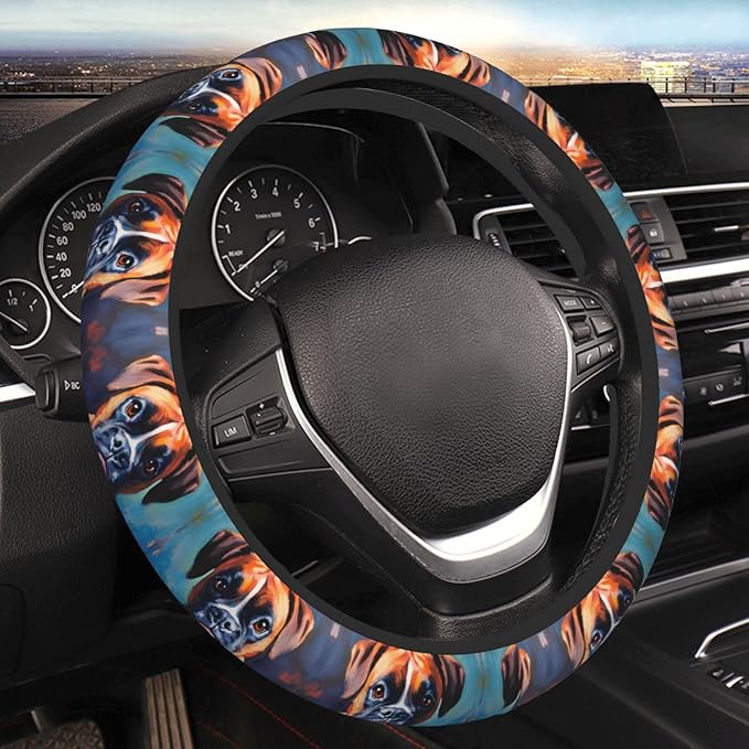 Animal Boxer Dog Portrait Neoprene Steering Wheel Covers Women Men Car Accessories, Universal 15 Inch Fit Auto, Suvs, Truck