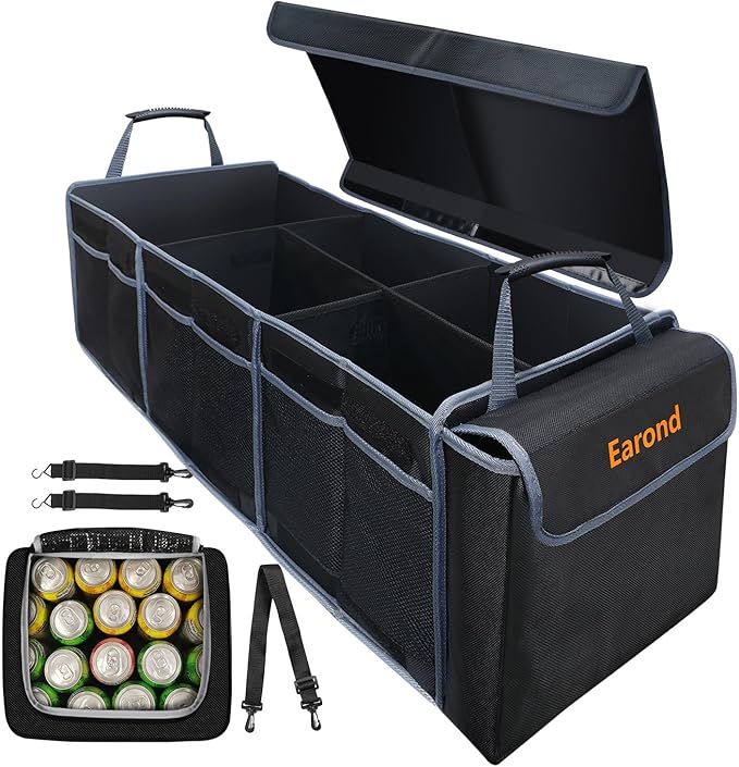EAROND Collapsible Trunk Organizer with Insulated Leakproof Cooler Bag,Removable Lid,Adjustable Securing Straps,3 Compartments Trunk Organizer for SUV,Truck,Sedan(Grey & Black)