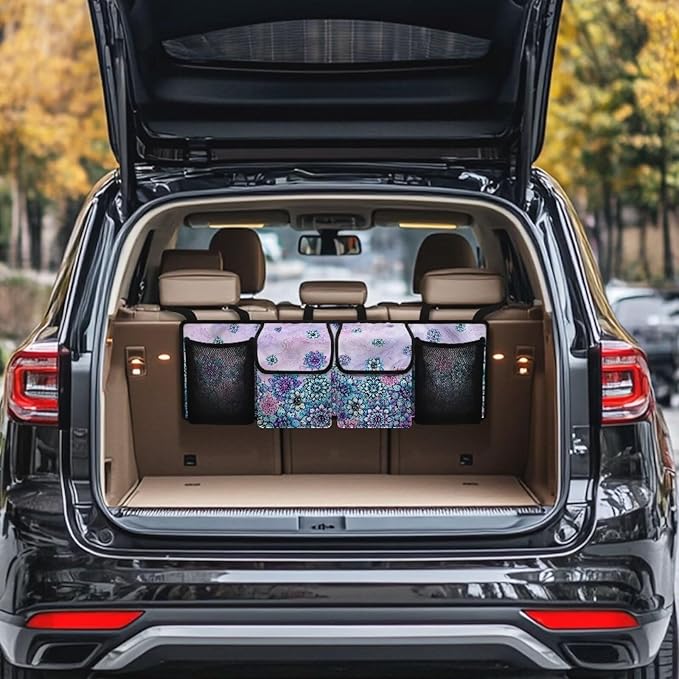 Car Trunk Organizer & Backseat Hanging Organizer with 2 Large Storage Bag & 2 Mesh Pockets,Trunk and Backseat Storage Bag for SUVs & RVs,37.01x11.81 inch,Purple Mandala Floral