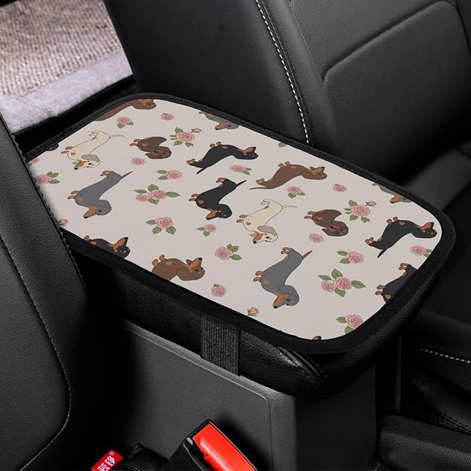 Car Armrest Cover Cute Dachshund Floral, Soft Cushion Pad for Auto Center Console Handrail Box, Universal Fit for Most Cars