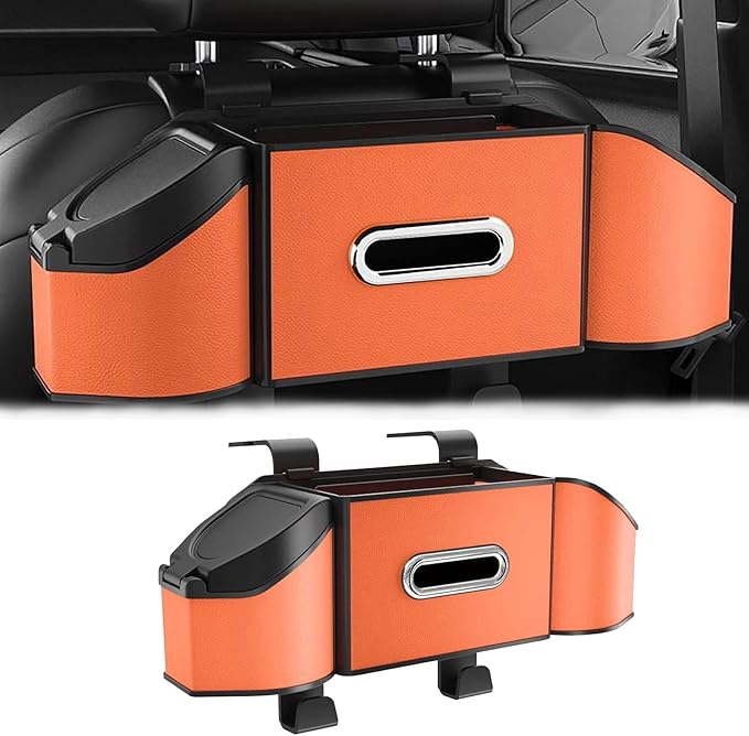 Car Organizer Back Seat, 4-In-1 Car Back Seat Organizer with Drink Cup Holder Tissue Box Trash Can Phone Holder, Adjustable Headrest Storage Organizers with Hooks Automotive Seat Storage Box
